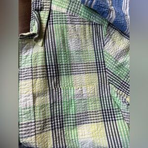 LANDS END Seersucker Plaid Navy White Green Yellow Short Sleeve Shirt Mens Med